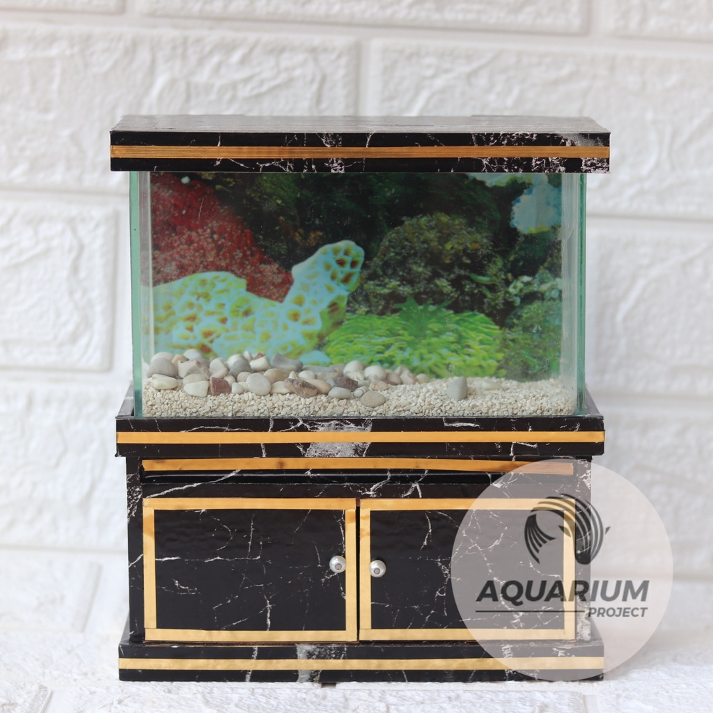 AQUARIUM MINI Motif Marmer Hitam Ikan Cupang atau Ikan Kecil  FULL SET & KABINET (free pasir atau ba