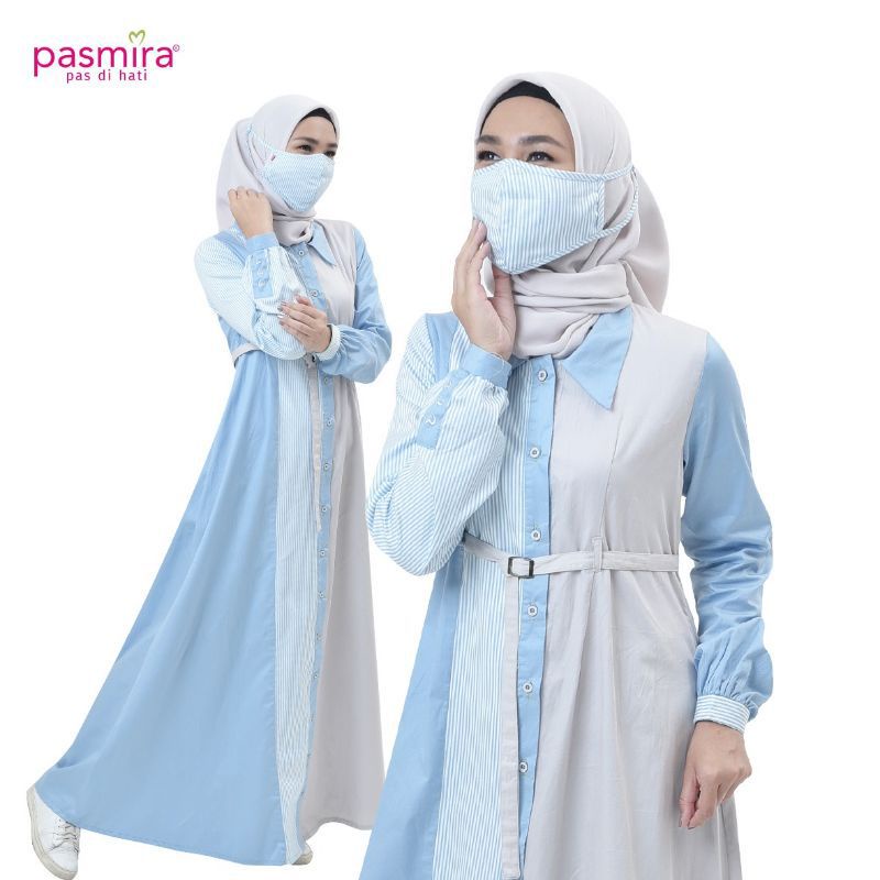 Gamis Falina By Pasmira Kombinasi Katun Polos dengan Motif Salur cantik hiasan ikat pinggang untuk membentuk sesuai tubuh Kancing aktiv Busui Friendly