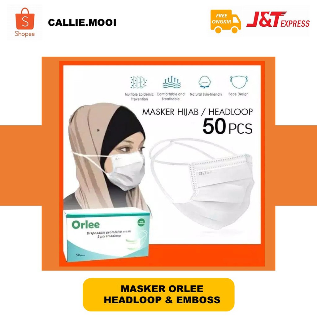 [COD] MASKER ORLEE HEADLOOP MEDIS  PUTIH BIRU 3 PLY LAPIS ISI 50