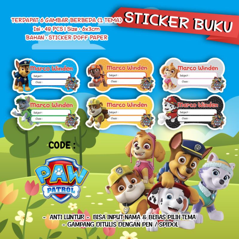 

Sticker / Stiker Buku Custom Nama Karakter Tema PAW PATROL / PAW PATROLS