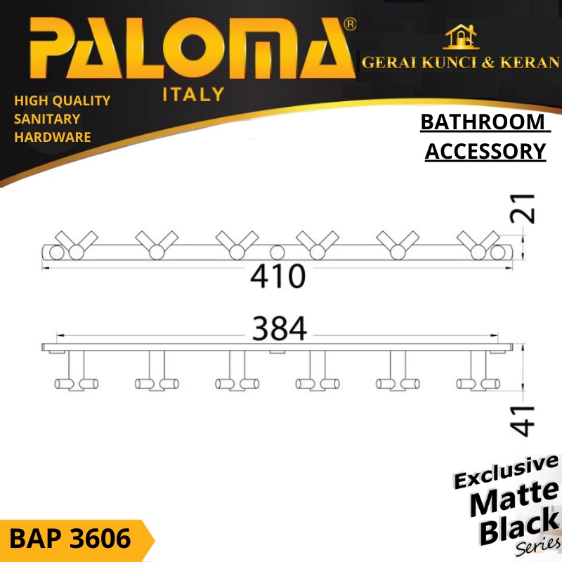 PALOMA BAP 3606 Kapstok Gantungan Baju Handuk Rak Hanger Mandi 12 Kait Hitam Black