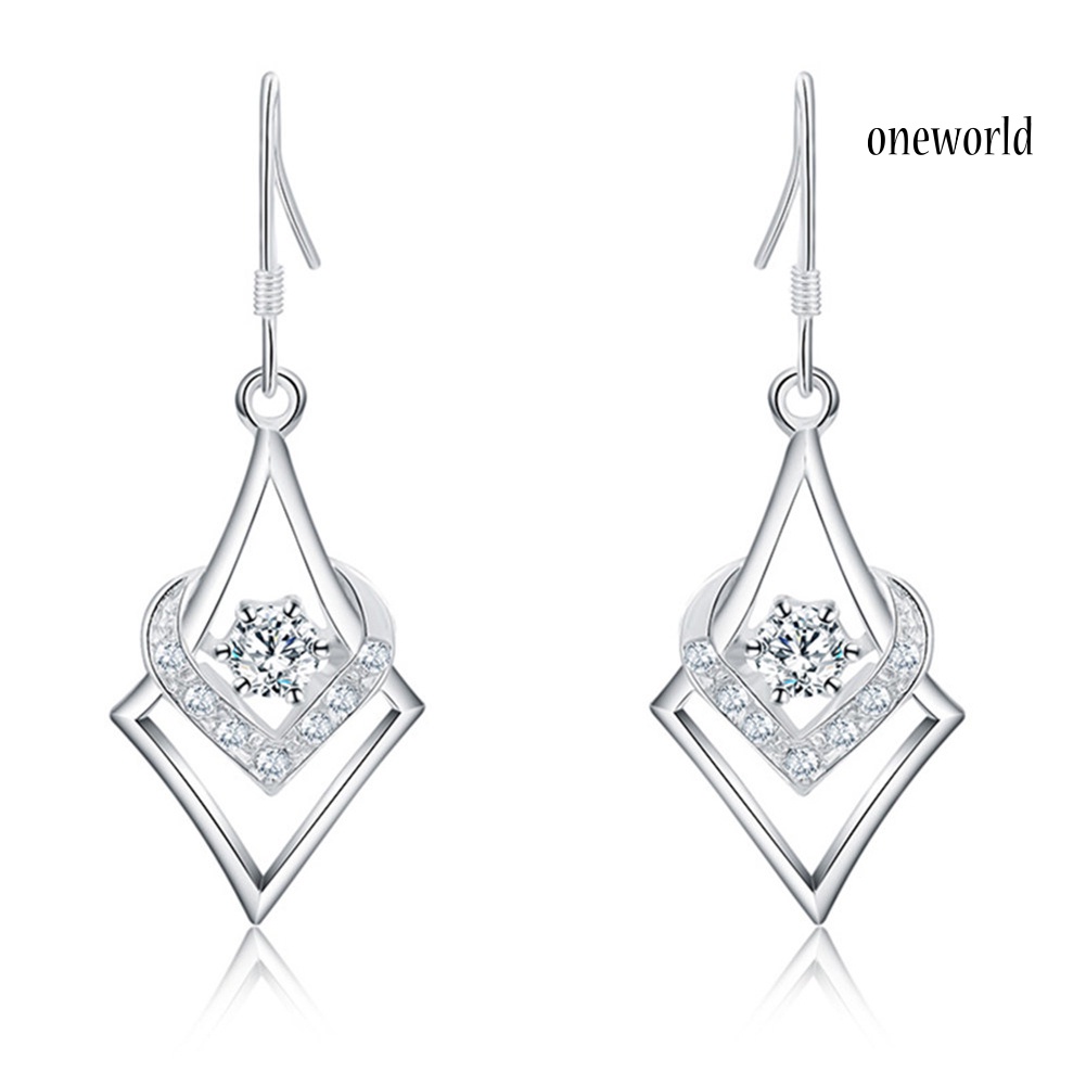 OW@ Women Silver Plated Hook Dangle Earrings Square with Zircon Heart Eardrops