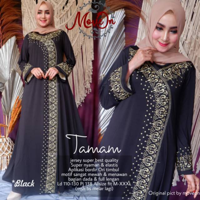 Tamam Maxy Dres Muslim Jumbo xxxl Ld 130cm Gamis Jersey Motif Bordir Timbul Arabian Soleram Abaya Gamis Lebaran Remaja Muslimah Terbaru Seragaman Pengajian Murah Dress Wanita Muslimah Syar'i Gamis Polos Tebal Premium Warna Hitam Soleram Maxi