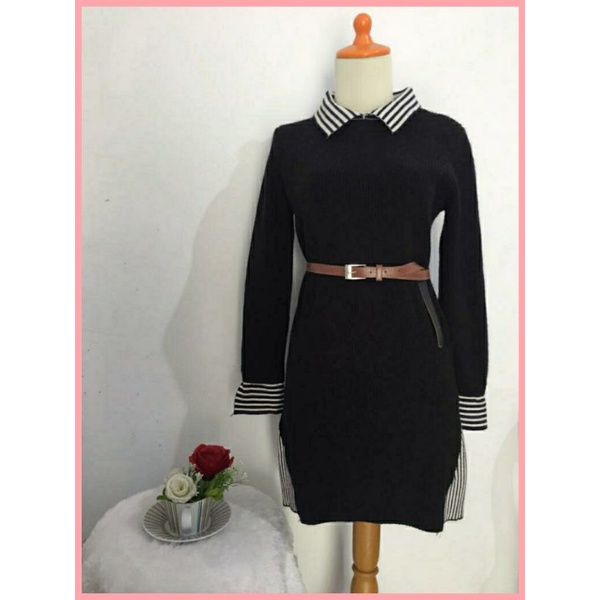 Tunik / Mini Dress Lengan Panjang Rajut Import Kombinasi Stripe (Free Belt)