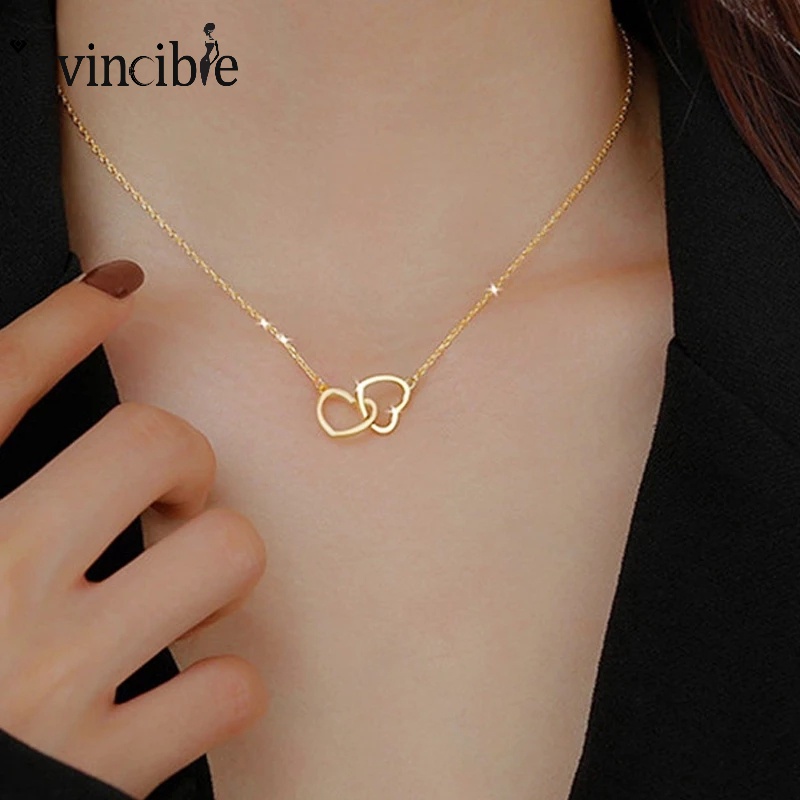 Kalung Choker Liontin Hati Ganda Gaya Minimalis Untuk Wanita