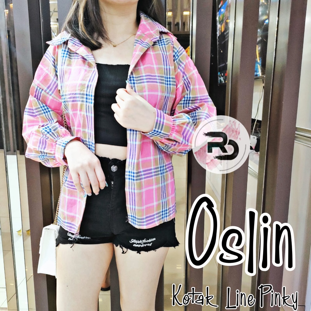 RD FASHION Kemeja Oslin Oversize | Kemeja Korea Jumbo Wanita | Bahan Creap - Fit to L-KOTAK LINE PINKY