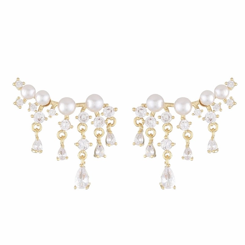 Anting Tusuk Gantung Temperament Hias Zircon + Mutiara Gaya Trendy / Simple Untuk Wanita