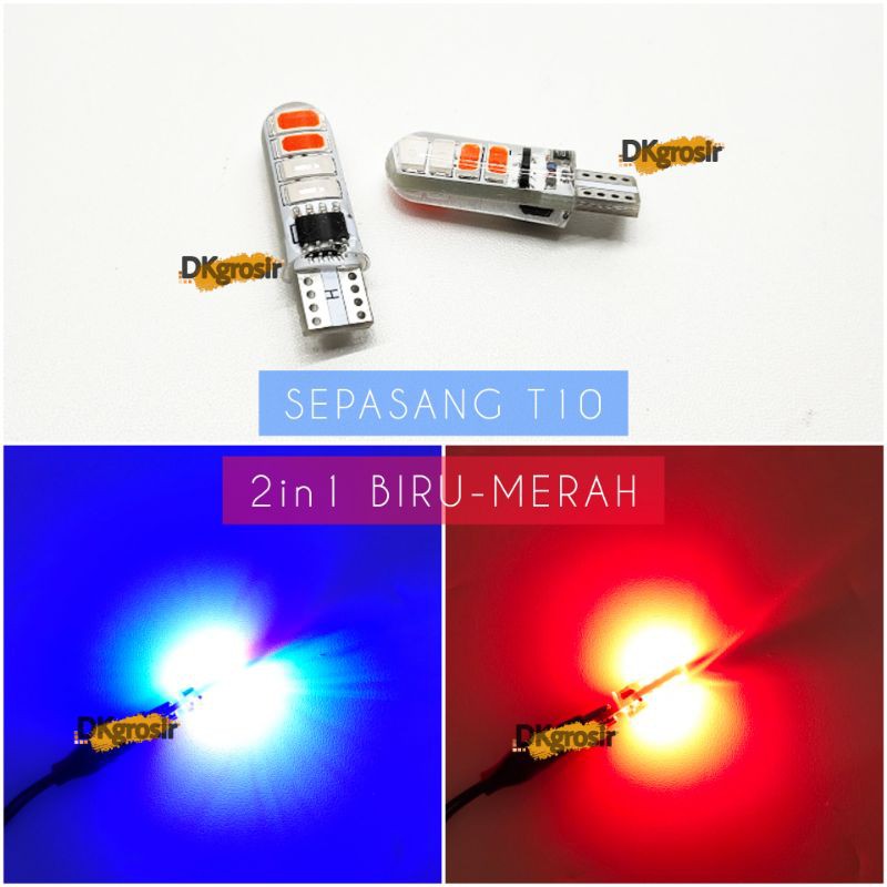 2Buah Lampu LED T10 Jelly 2 Warna Senja Sein Sen Mode Kedip-kedip-Biru-merah
