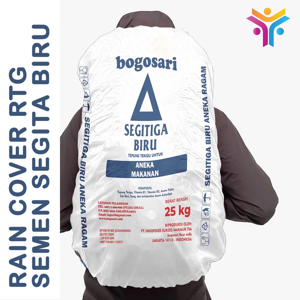 Rain Cover RTG Sarung Tas Gunung Travelling Premium Motif Unisex Pria Wanita Waterproof Murah Desain Suka Suka Semen Bogasari Segitiga Biru