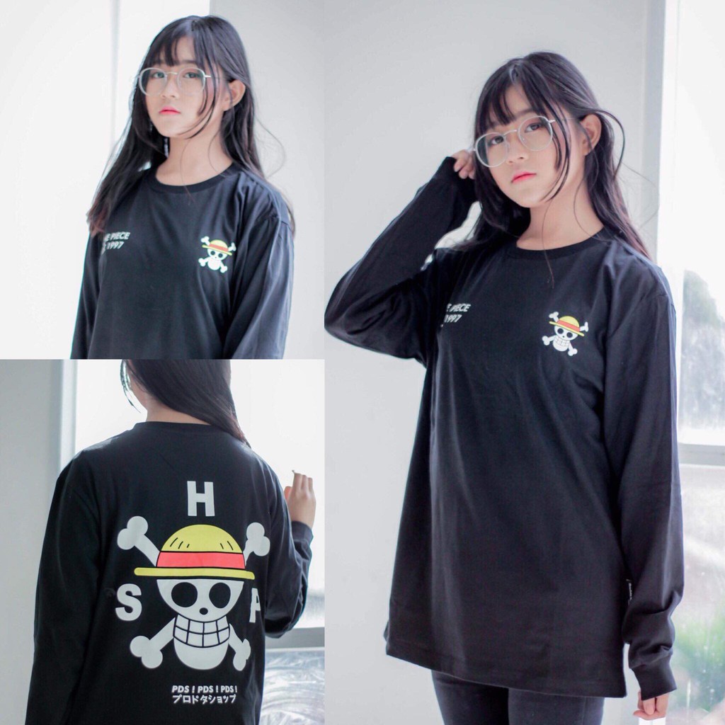 Longsleeve Onepiece Mugiwara SHP Black Kaos Lengan Panjang Hitam Anime One Piece