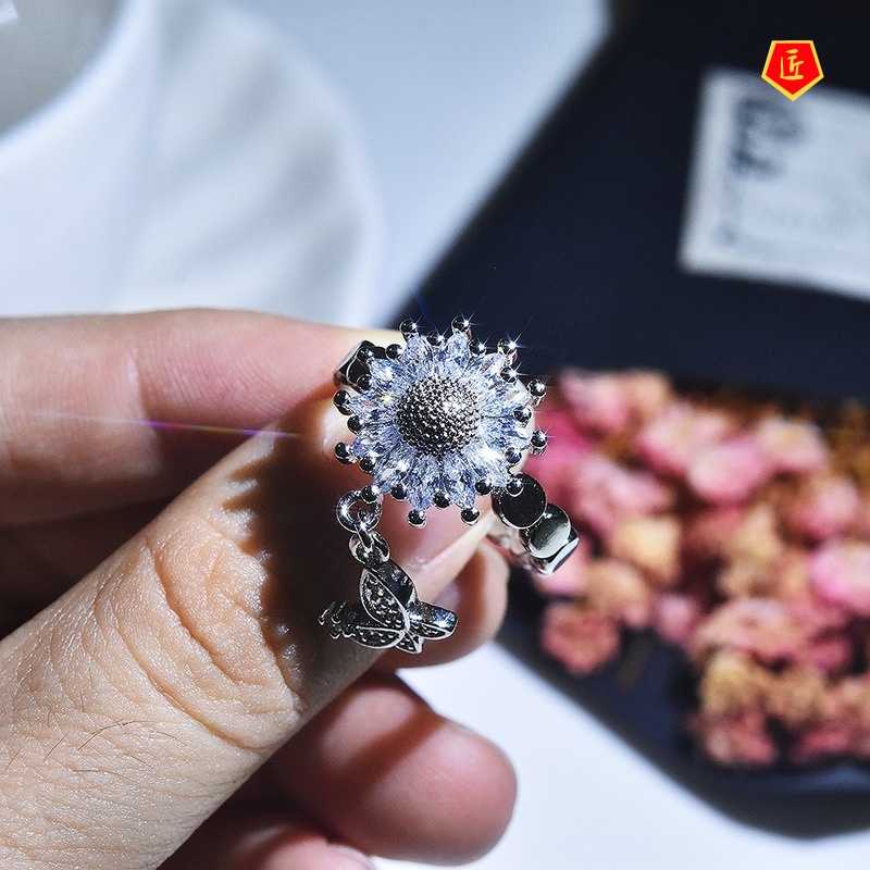 [Ready Stock]Creative Full Diamond Butterfly Opening Ring Luxury Flower Shape