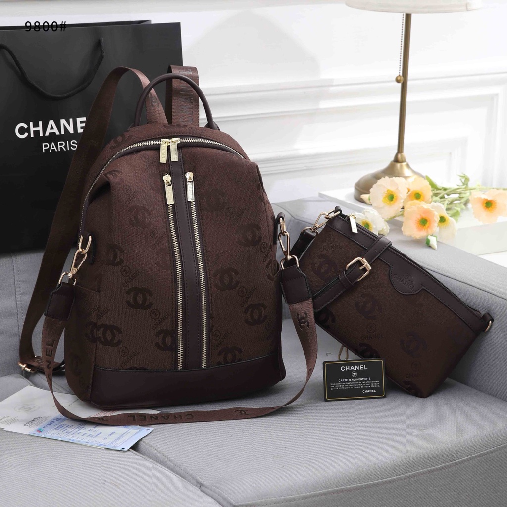 Ch Canvas &amp; Leather Logo CC Backpack Shoulder Bag 9800