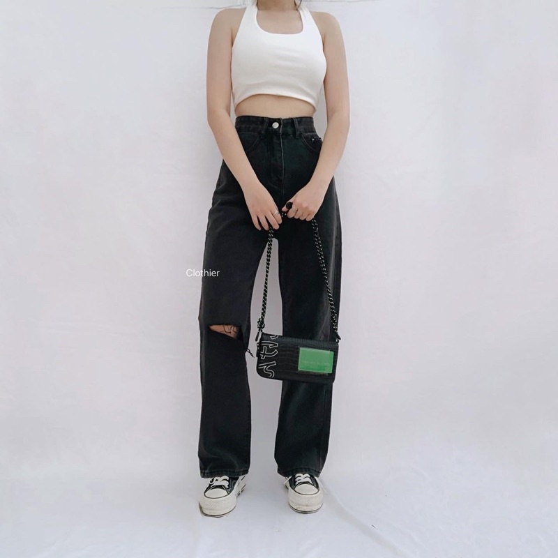 CLOTHIER - Kai Black Washed Ripped Basic Jeans | Unisex Baggy Straight Denim