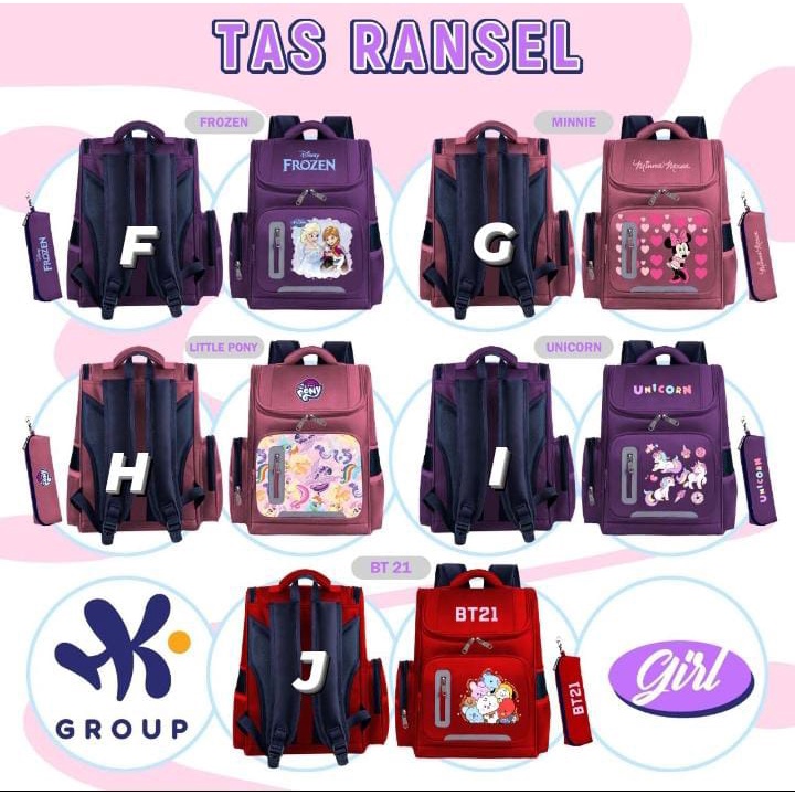 Tas Ransel/Tas Gendong HK Group Motif Perempuan Frozen/Minnie Mouse/Little Pony/Unicorn/BT21