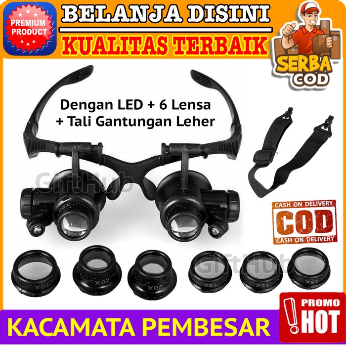 

Kacamata Baca Pembesar 25x Magnifier dengan 2 LED + 6 Lensa + Headband