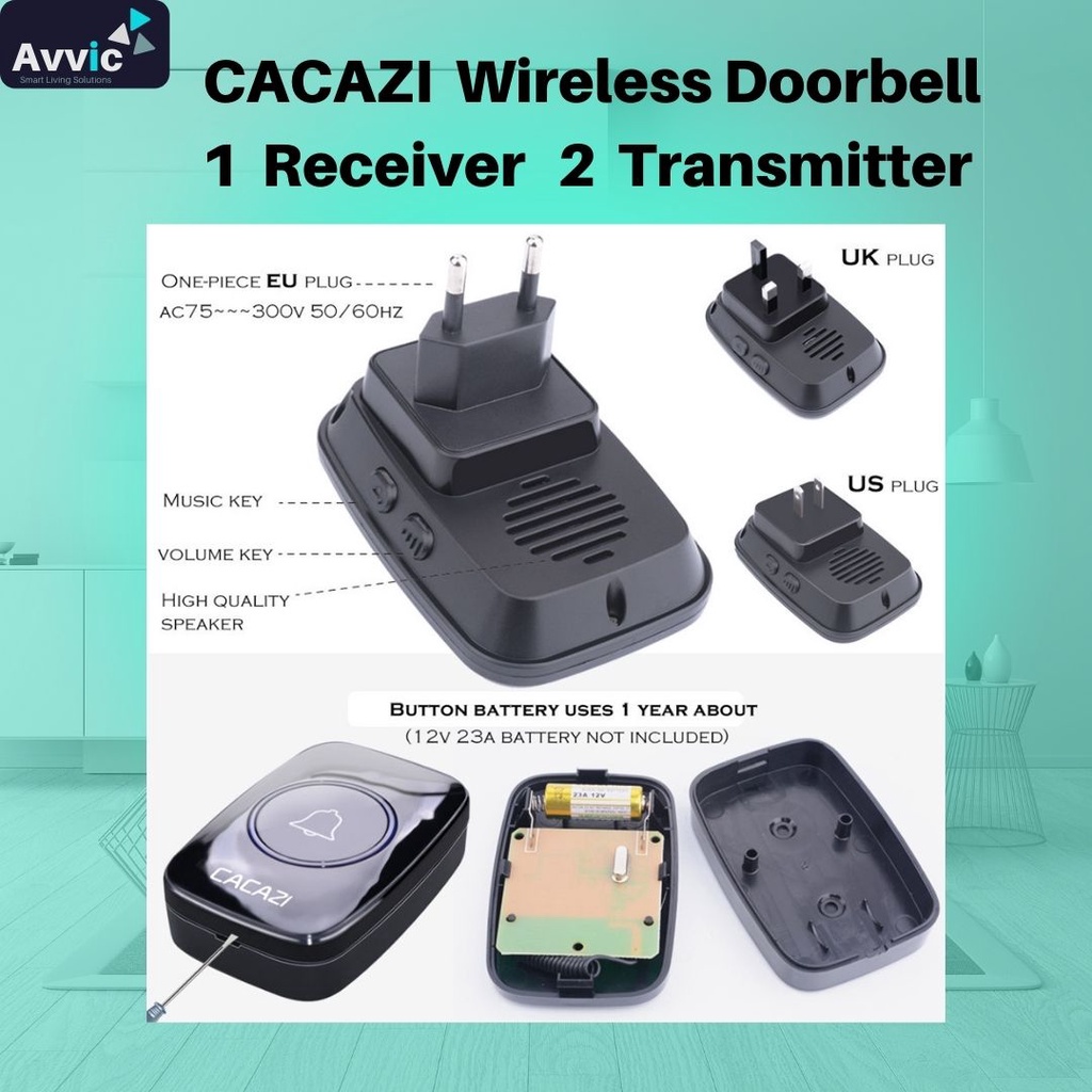 Avvic x Cacazi Wireless Doorbell Waterproof 1 Receiver  2 Transmitter