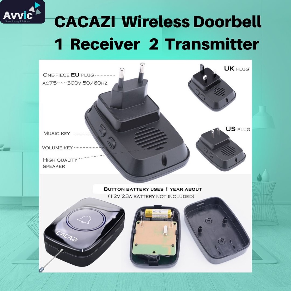 CACAZI Wireless Doorbell Waterproof 2 Transmitter 1 Receiver