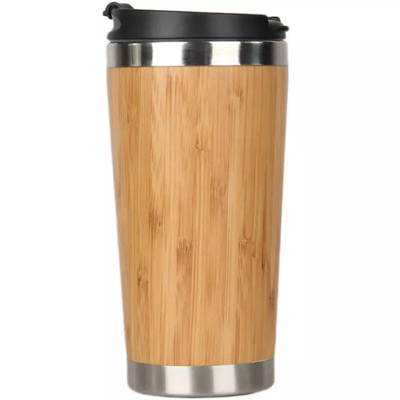 tumbler botol minum bambu 450ml / bamboo coffee cup travel stainless steel / natural mini thermos cup bamboo