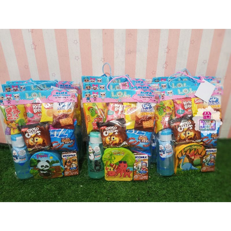 Souvenir Ultah Set Botol Minum / Set Botol 350ml / Botol Fliptop 350ml / Snack Birthday / Paket Snack Ulang Tahun / Set mini lunchbox