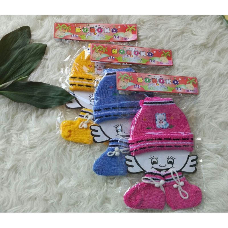 Satu set topi + sepatu bayi rajut-topi bayi (boboko)