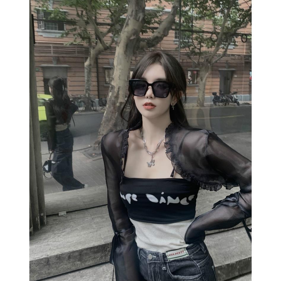 Organza Sun Blouse Mesh Lengan Panjang Kemeja Cropped Atasan Hitam