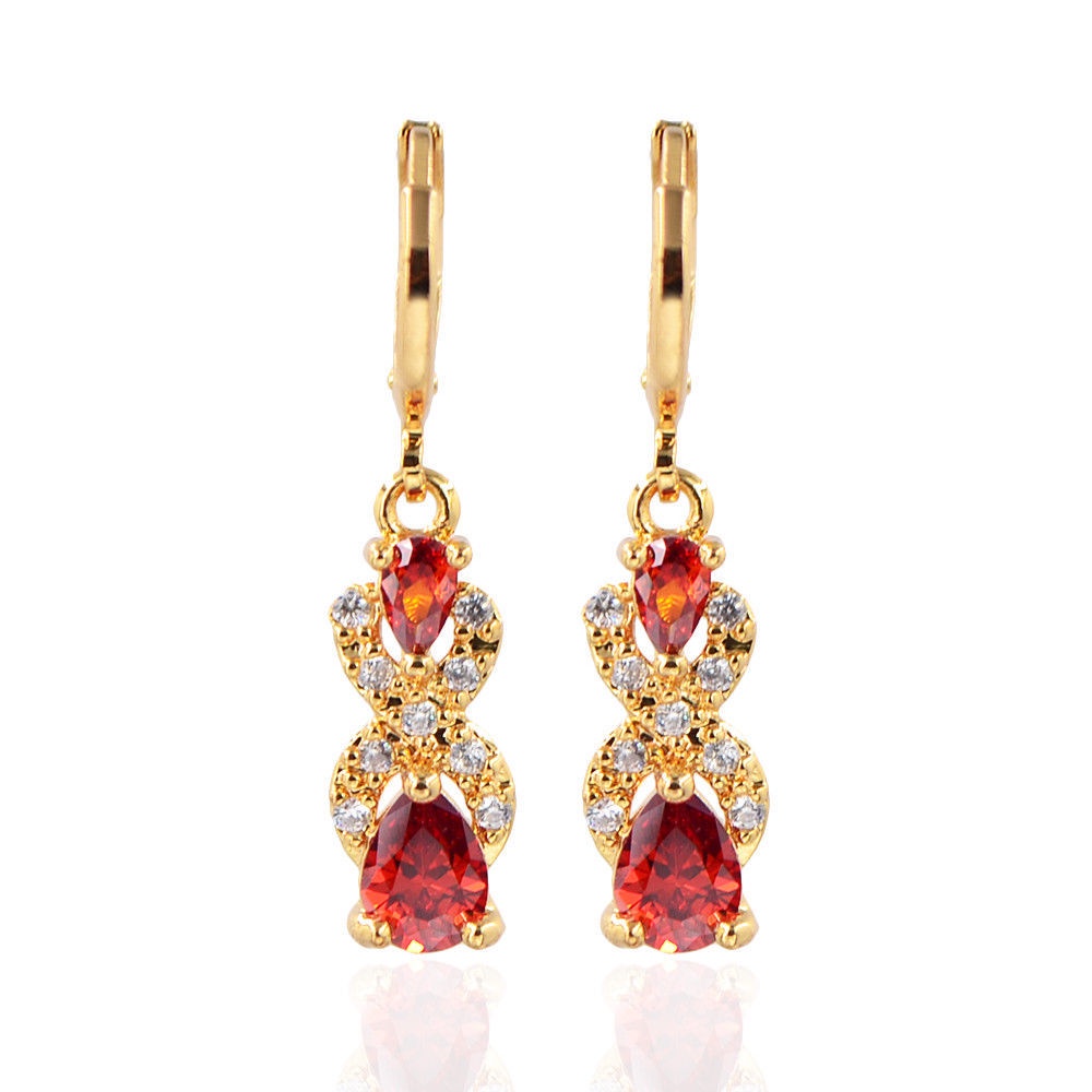 Goldkingdom Fashion Perhiasan 24K Bangkok Aksesoris Ready Stock Kreatif Tetesan Air Berbentuk Pir Berlian Bertatahkan Anting-Anting Dengan Liontin Batu Permata Warna-Warni Berlapis Emas Asli Kadar 375