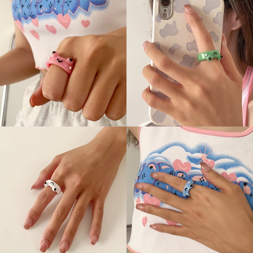 Cincin Bahan Resin Bentuk Kartun Kodok Warna-Warni Untuk Wanita