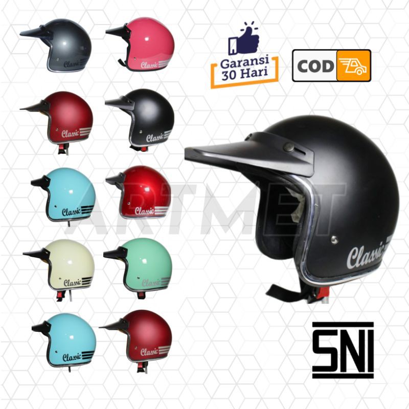 HELM BOGO CLASSIC STRIP PET PANJANG PENDEK CARGLOSS PRIA WANITA DEWASA SNI RETRO POLOS ORIGINAL