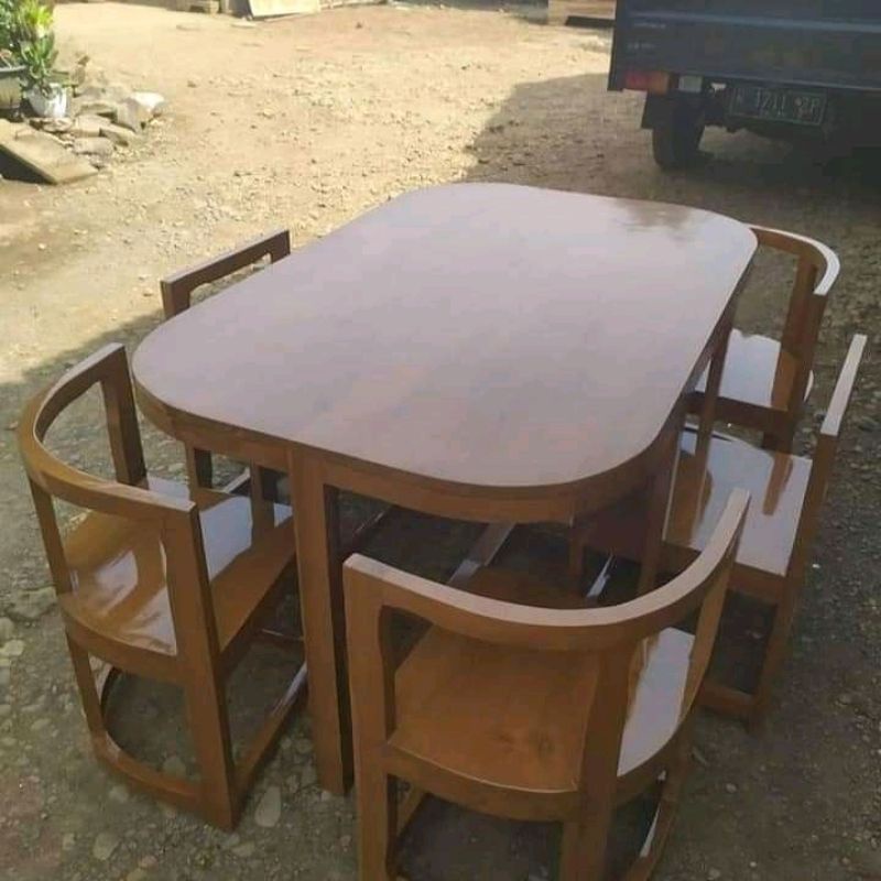 Meja makan oval kursi 6 kayu jati / meja makan minimalis kayu jati / meja makan murah