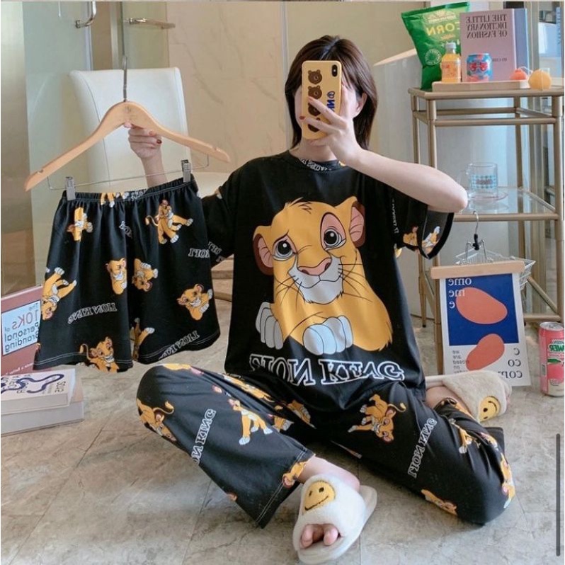 MDLV ~ BAJU TIDUR SET 3IN1 LION KING BLACK BAJU TIDUR IMPORT CEWEK BEST SELLER PIYAMA DEWASA IMPORT