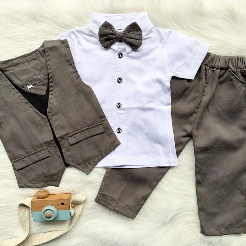 RAFFABY SECRET'S Set Baby Tuxedo Celana Panjang | Setelan Anak Laki laki | Baju Anak 1-7 Tahun-Abu Tua