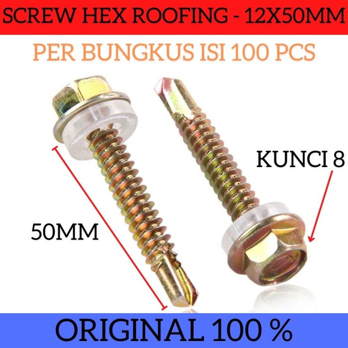 Per 100 Pcs Baut Skrup Hex SDS Drilling Roofing Ada Karet Uk 12 x 50mm