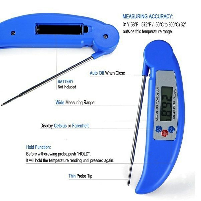 1pc Termometer Makanan Digital Model Lipat Bahan Stainless Steel Ultra Tipis Untuk Bbq