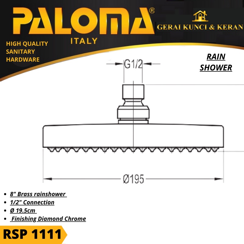 PALOMA RSP 1111 Rain Shower Bulat 8 inch Kepala Shower Brass Chrome