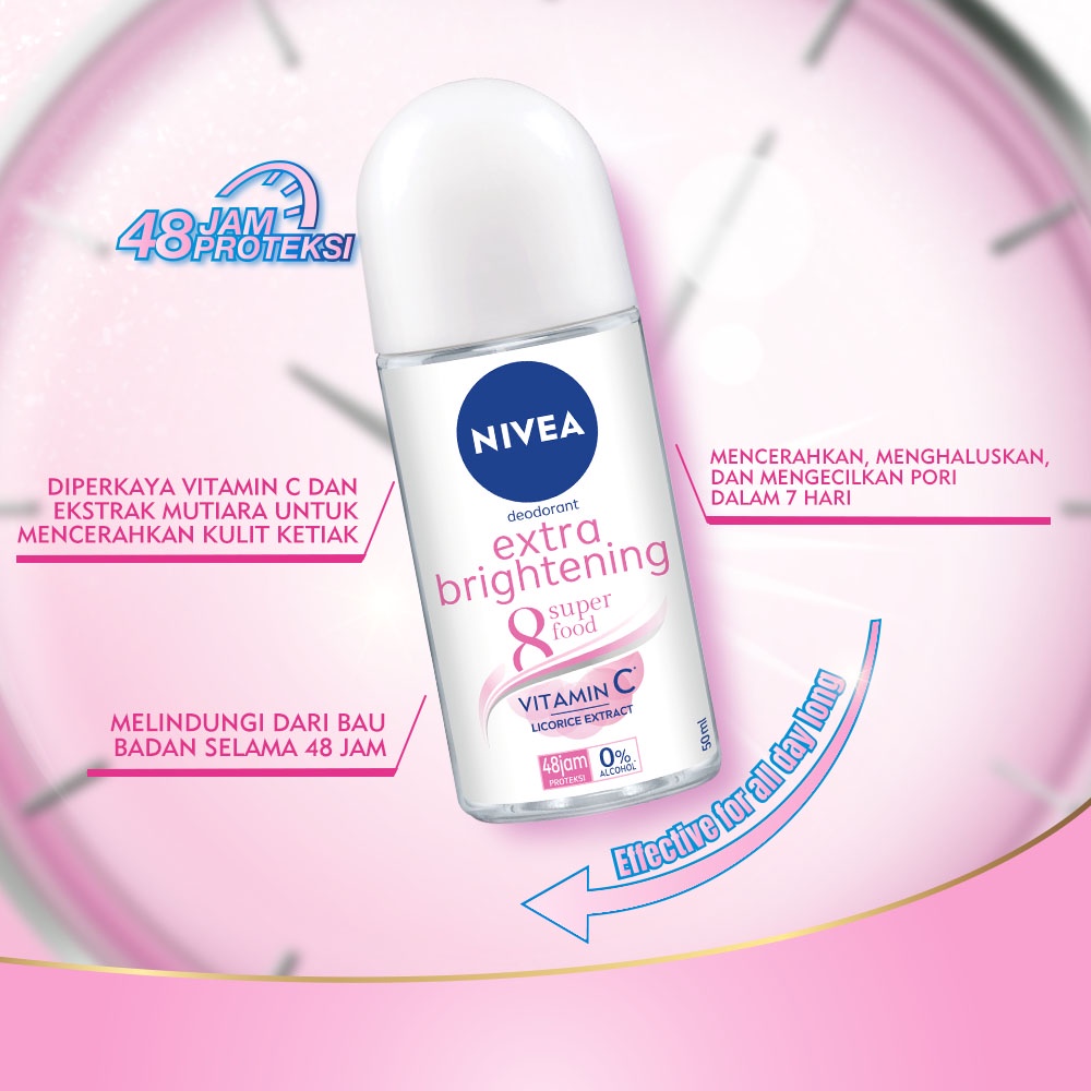 NIVEA Deodorant Roll On Extra Brightening 50ml - Mencerahkan & menghaluskan kulit ketiak Image 4