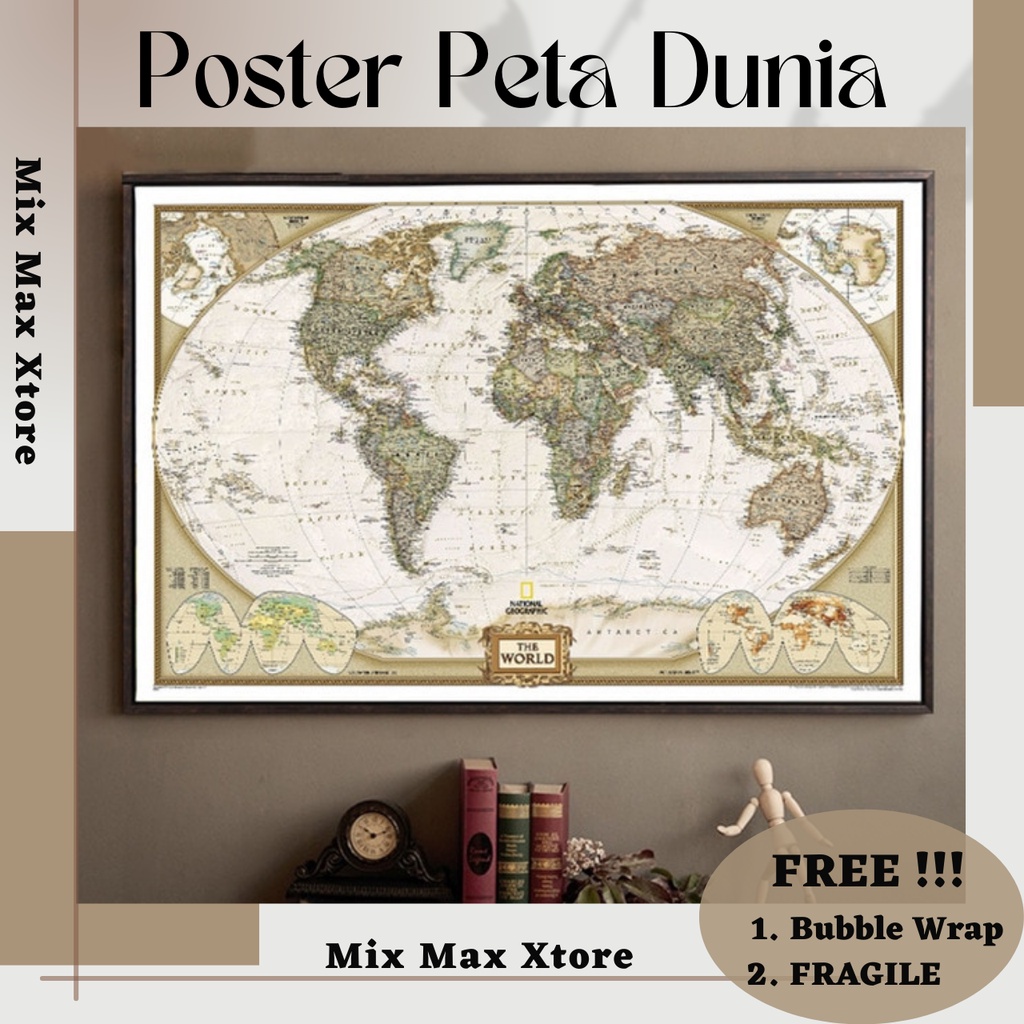 Poster Peta Dunia Large Vintage World Map 104 x 69 cm / Wallpaper Dinding Murah / Walstiker Dinding Wallpaper