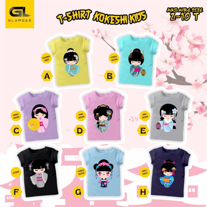 GLAMOAS Baju Kaos Lengan  Pendek Anak Perempuan Kokeshi Series Estimasi Usia 2 4 6 8 10