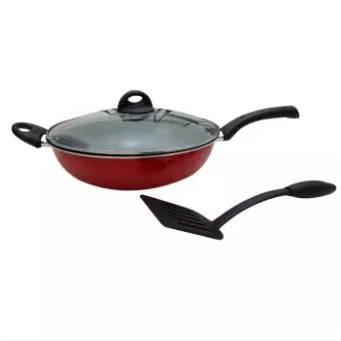 Supra Wajan Stir Wok Tutup Kaca + Spatula 32 cm - Penggorengan Anti Lengket