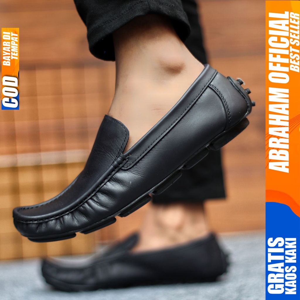 Sepatu Casual Pria Formal Slip On Pantofel Kulit Asli Kerja Kantor Kondangan Kuliah Hitam Fashion Shoes Terbaru Murah Kekinian Original GENIO ABRAHAM