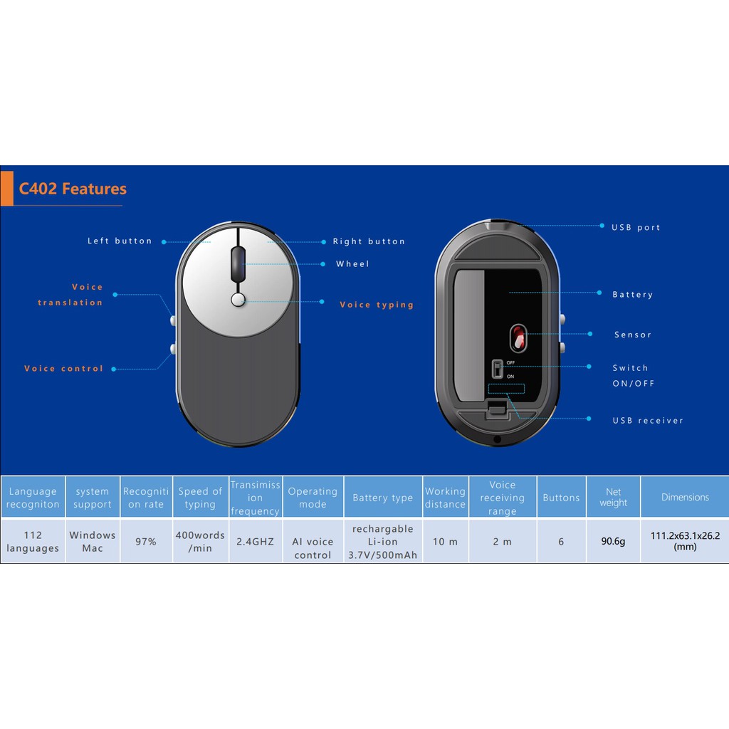 DOSMONO C402 - AI Wireless Voice Mouse - Support 112 Languages