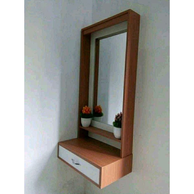 cermin kaca meja rias minimalis laci gantung kayu jati mahogani natural duco furniture mebel