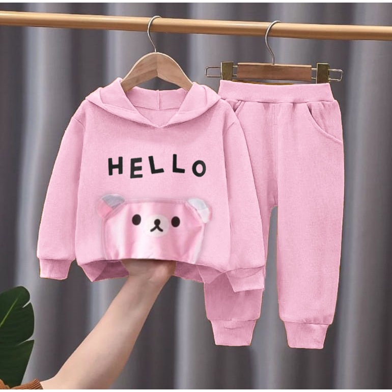 PROMO SETELAN HOODIE ANAK PERMEPUAN 1-5 TAHUN MOTIF HELLO STELAN HOODIE ANAK PEREMPUAN TERBARU SETELAN HOODIE ANAK TERLARIS