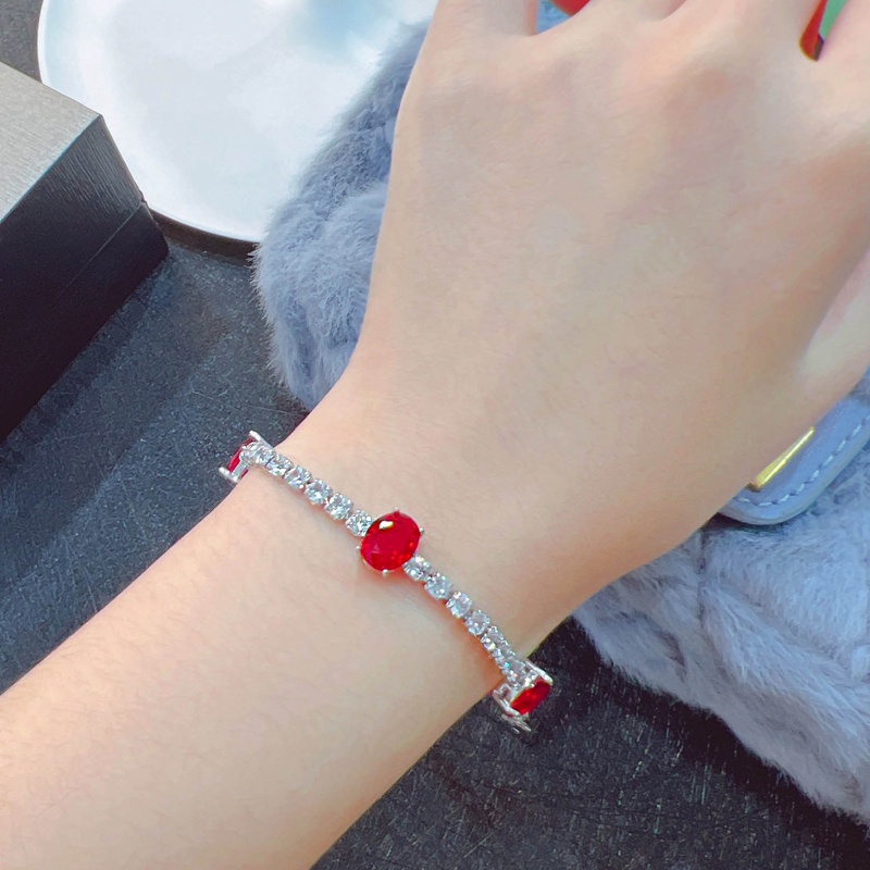 Gelang 925 Silver Bentuk Oval Aksen Ruby Zamrud Untuk Wanita