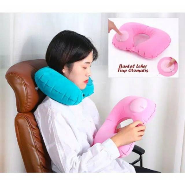 Bantal Leher Tiup Otomatis Bantalan Leher sudah ada pompa angin manual