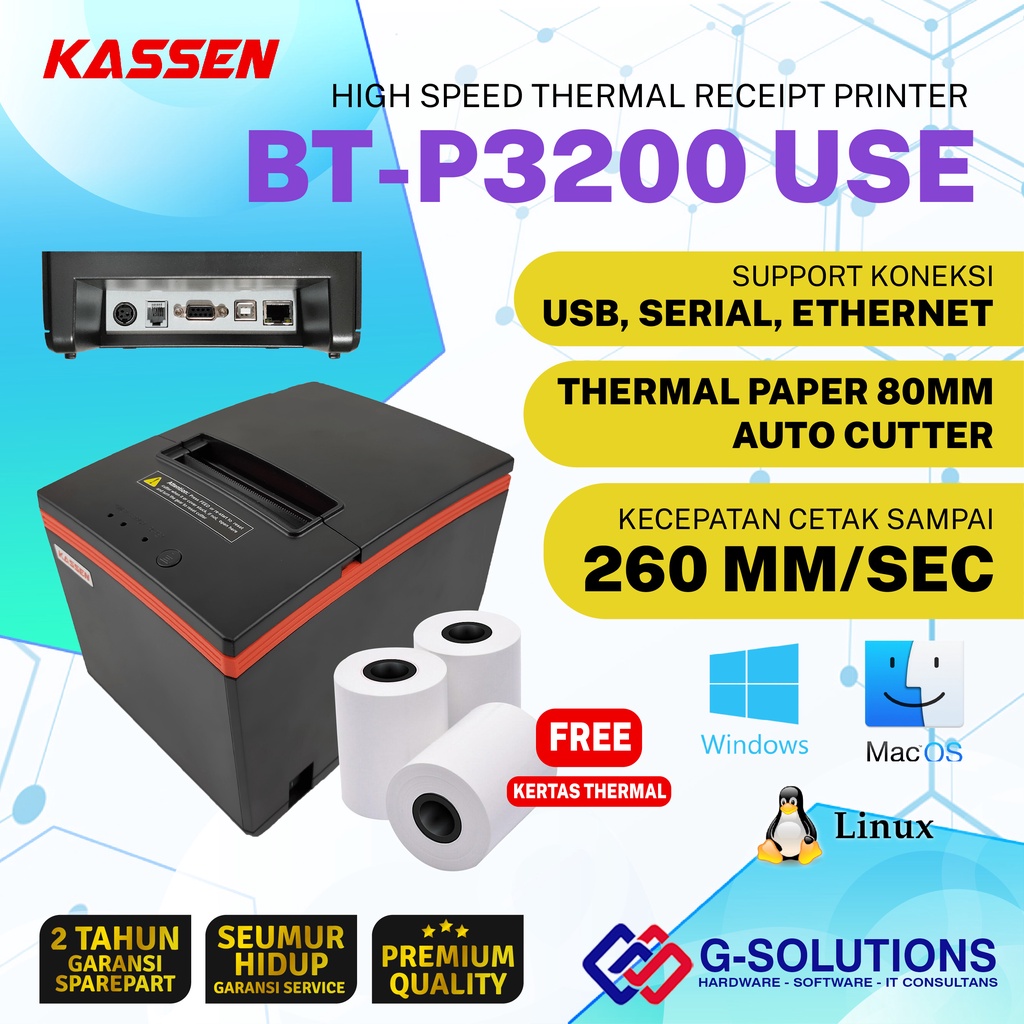 PRINTER KASIR KASSEN BT P3200 USE THERMAL PAPER 80 AUTOCUTTER ANTRIAN