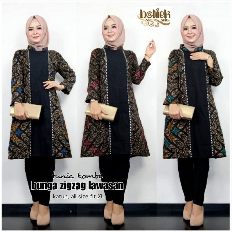 Baju Tunik Zig-zag Lawasan Motif Bunga Big Size Lengan Panjang