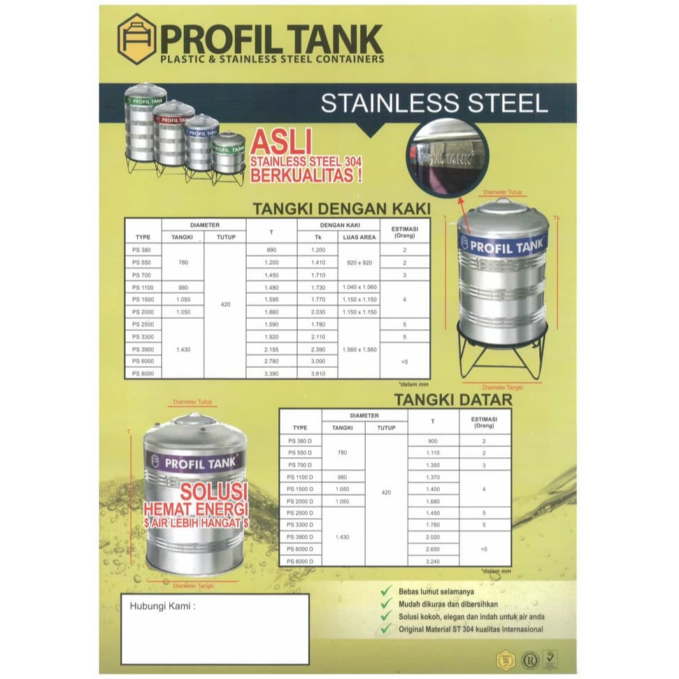 Tangki Air / Tandon Toren Stainless Profil Tank PROFON tipe PS-1100