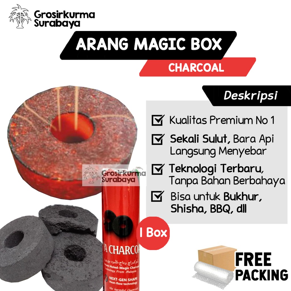 1 BOX (8 Roll) Arang Magic Al Rahal Premium Sekali Sulut Langsung Nyala Api Besar &amp; Merata