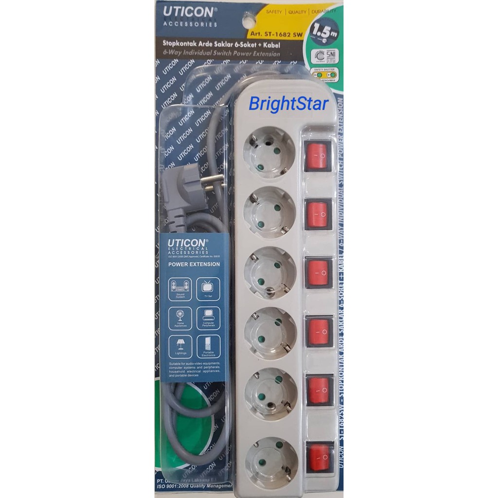UTICON Stop Kontak 6 Lubang + 6 Saklar + Kabel (ST-1682SW/ST1682SW)