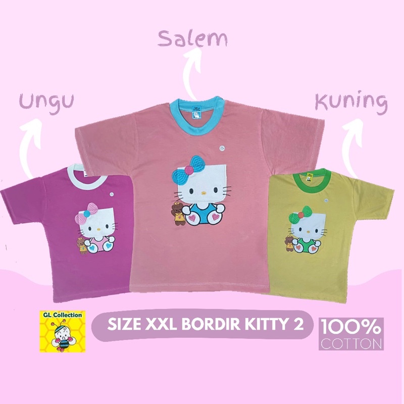 OBRAL! ECER ATASAN KAOS PENDEK ANAK SIZE XXL (7-8TAHUN) BORDIR KITTY